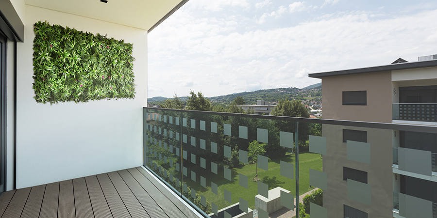 Why are artificial vertical gardens so popular? 3 Balcony of new house with white walls, landscape view