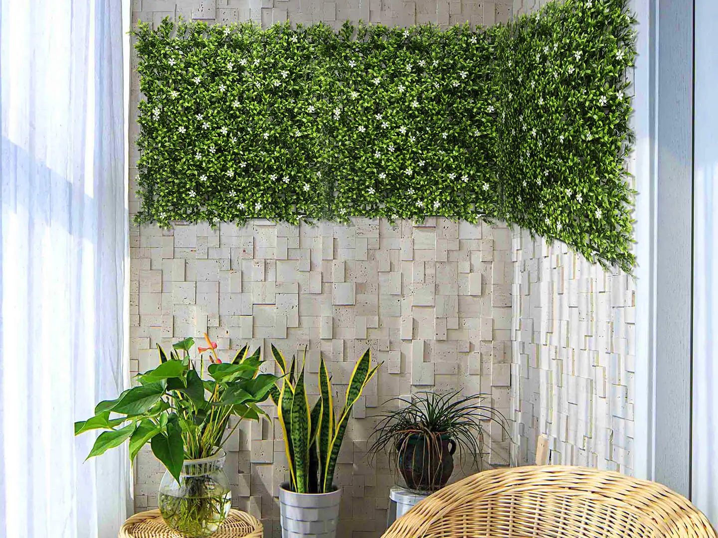balcony with artificial hedges