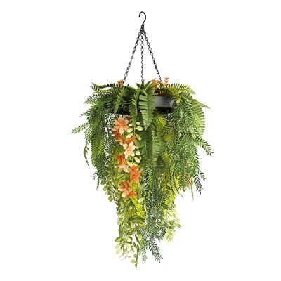 Black Framed Roof Hanging Disc With Draping Life-Like Ferns and Plants