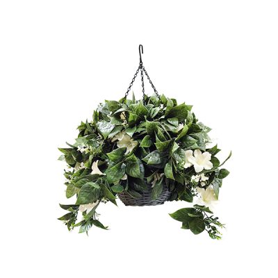 Artificial Hanging Basket with Trailing Scindapsus and Azalea Blooms