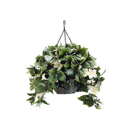 Artificial Hanging Plants Artificial Hanging Basket with Trailing Scindapsus and Azalea Blooms