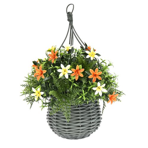 Artificial Hanging Basket with Privet Foliage and Lily Accents